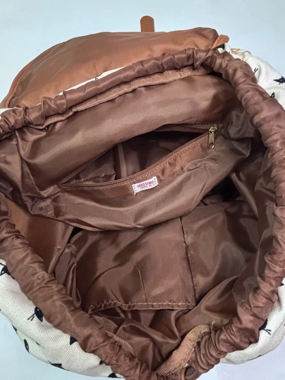 Canvas Cat Print Drawstring Backpack with Brown Faux Leather Trim